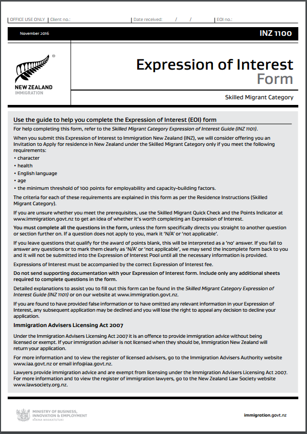 Inz1100 Expression Of Interest Form All Immigration Matters Including Temporary Visitor 8311