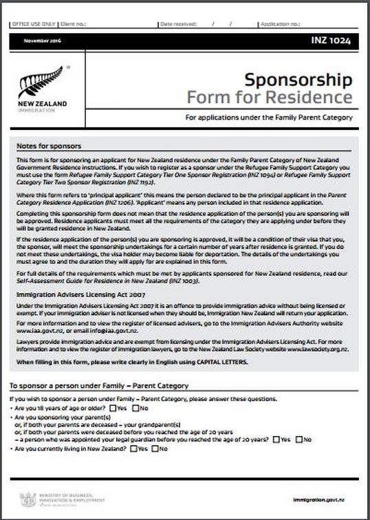 Inz1024 Sponsorship Form For Residence All Immigration Matters Including Temporary Visitor 0734