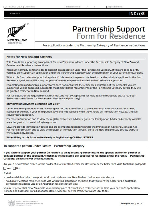 Inz1178 Partnership Support Form For Residence We Specialise In Difficult Immigration Cases 7704